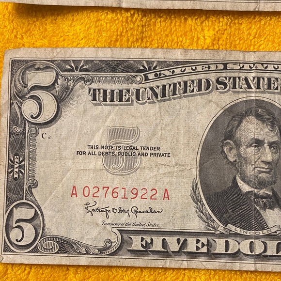 2 Red Seal 1963 Vintage Five Dollar Bills - Picture 5 of 6
